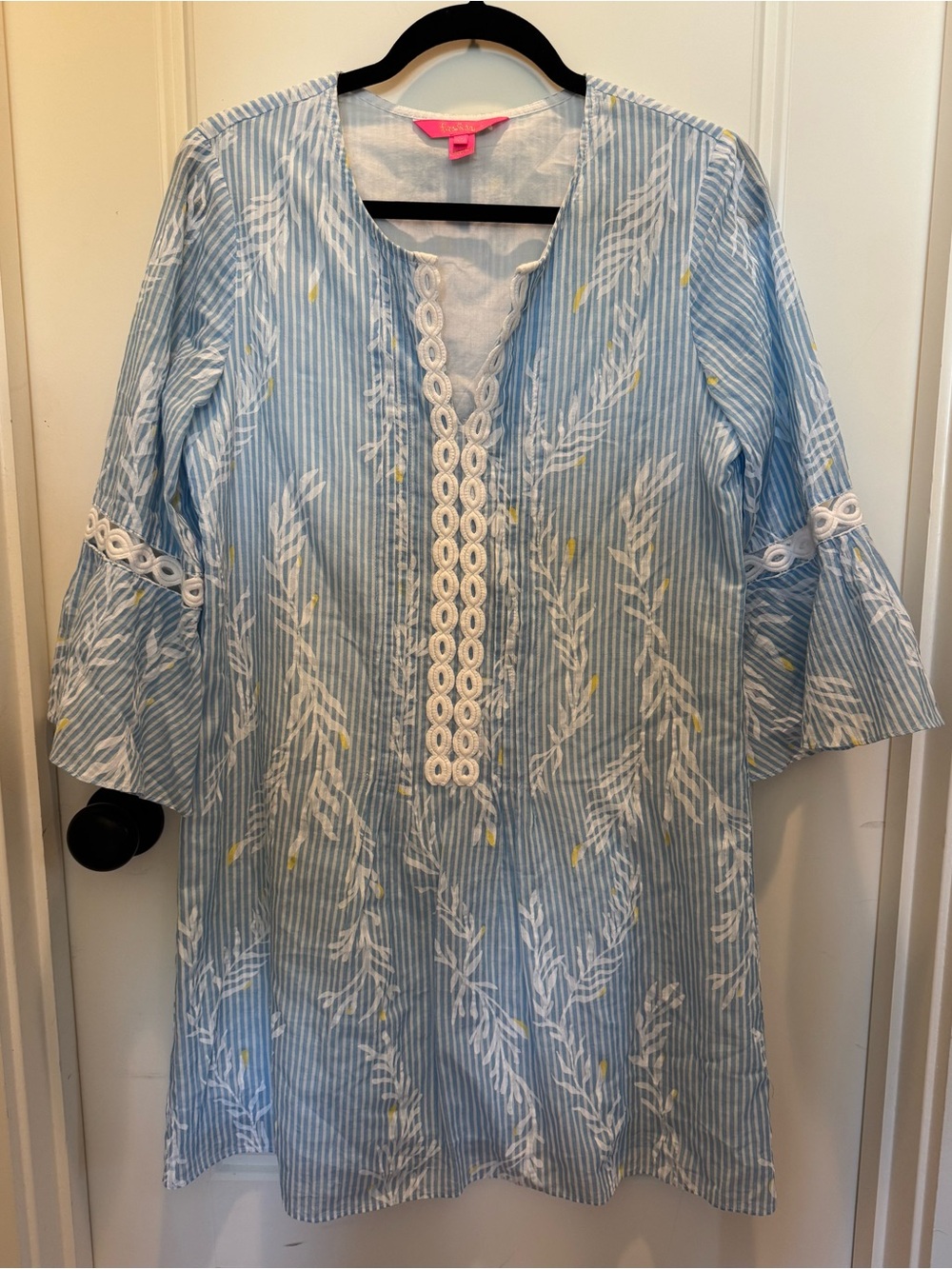 Lilly Pulitzer Hollie Tunic Dress Light Blue & White Striped Floral Lace Sz M